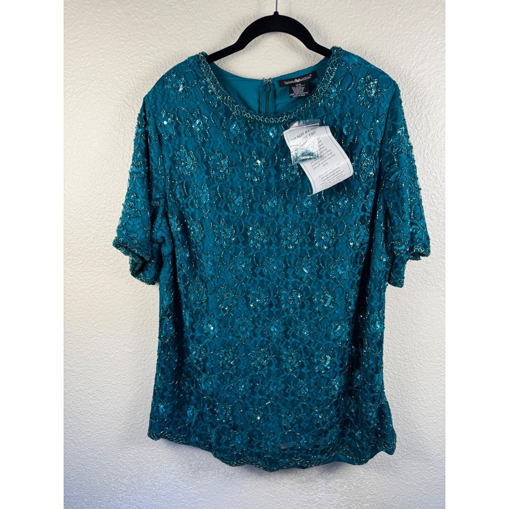 Woman Within Royal Jade‎ Sequin Beaded Lace Top Women 16W Short Sleeve Formal